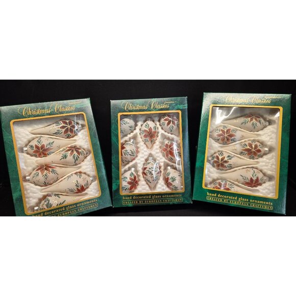 Vintage Christmas Classics Commodore Hand Decorated Poinsettia Glass Ornaments - Picture 1 of 16